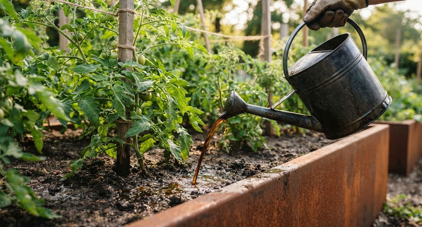 Eine Gießkanne mit verdünnter Pflanzenjauche wird über den Wurzelbereich von Tomatenpflanzen in einem Cortenstahl-Hochbeet gegossen