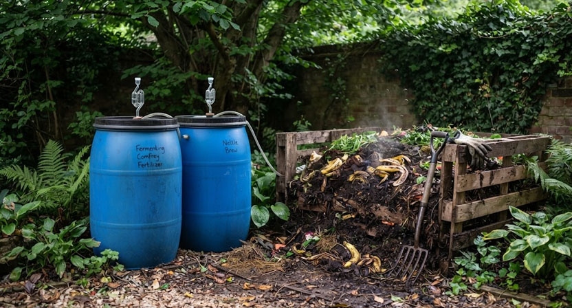 Zwei Kunststofftonnen mit angesetzter Pflanzenjauche stehen an einer schattigen Gartenecke neben einem Komposthaufen