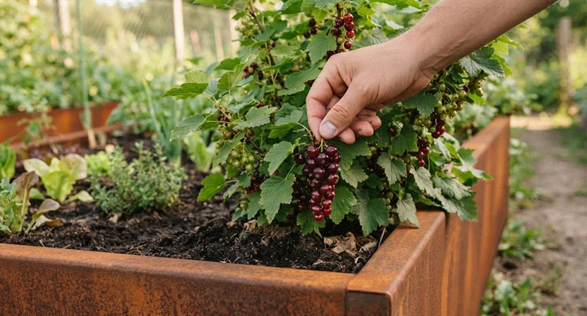 Eine Hand erntet eine vollständig gefärbte Johannisbeerrispe von einem Strauch am Rand eines Hochbeets