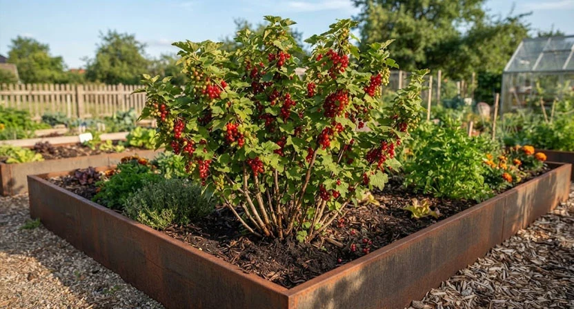 Ein freistehender Johannisbeerstrauch mit mehreren Grundtrieben wächst ohne Rankhilfe in der Ecke eines Hochbeets