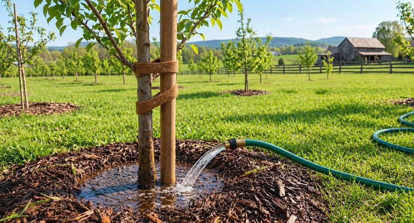 Ein Gartenschlauch bewässert durchdringend die Gießmulde um den Stamm eines frisch gepflanzten jungen Obstbaums im ersten Standjahr