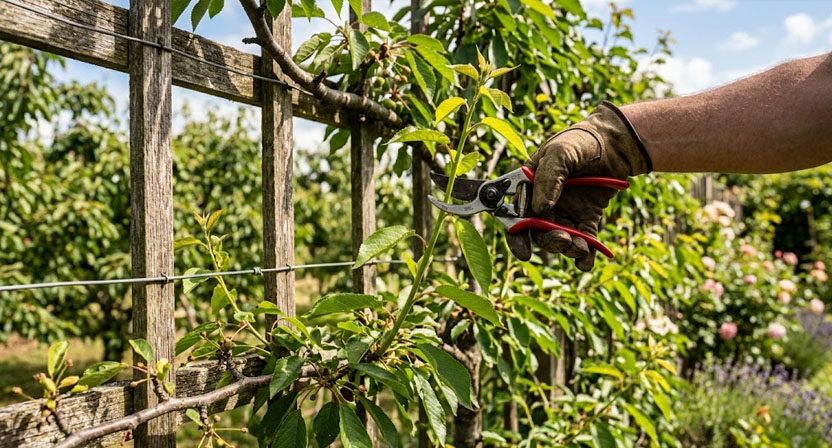 Eine Hand kürzt einen jungen, weichen Neutrieb an einem Spalierobstbaum im Frühsommer