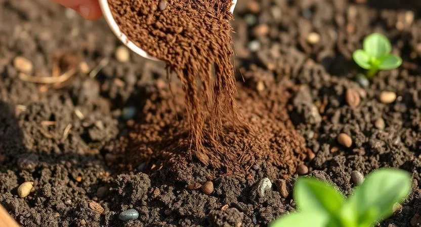 kann-man-kaffeesatz-ins-hochbeet-geben - Nahaufnahme von gebrauchten Kaffeebohnen, die auf die Erde eines Hochbeets gestreut werden. Fokus auf die Textur der Kaffeebohnen und der Erde, natürliches Licht.
