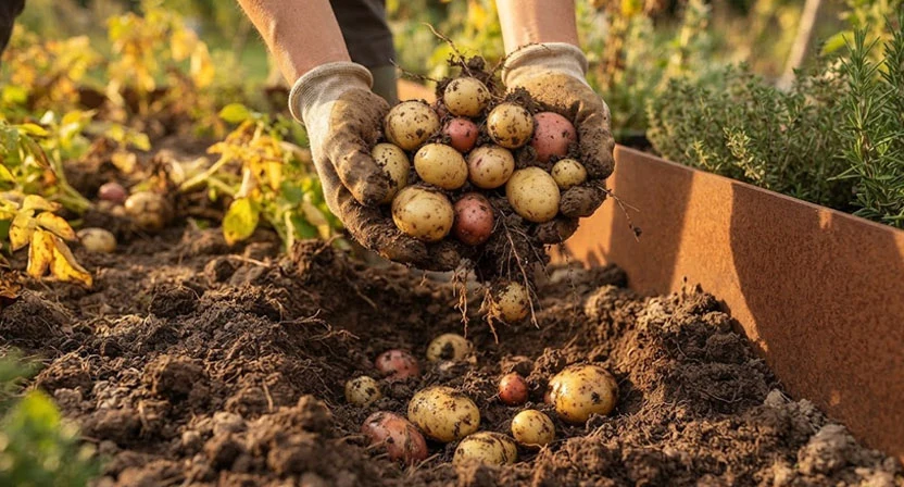 Zwei Hände heben frisch ausgegrabene Kartoffeln aus lockerer Erde eines Cortenstahl-Hochbeets, weitere Knollen sichtbar
