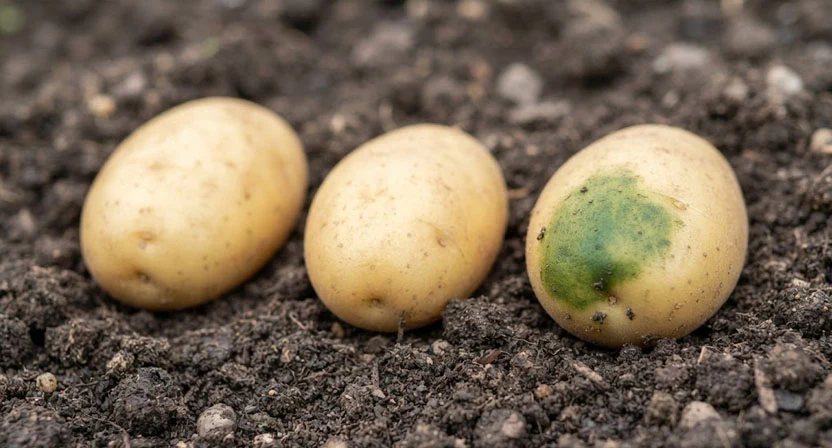 Drei geerntete Kartoffeln auf dunkler Erde, zwei normal gelbbraun, eine mit deutlich grüner Stelle an der Schulter