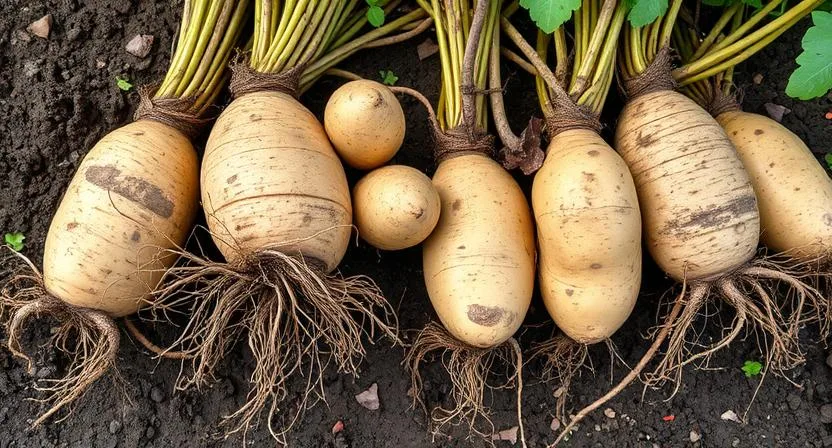 Mehrere große Kartoffeln im Boden, die ihr ausgedehntes Wurzelsystem zeigen. Gartenarbeit, Wurzelgemüse, erdige Töne.
