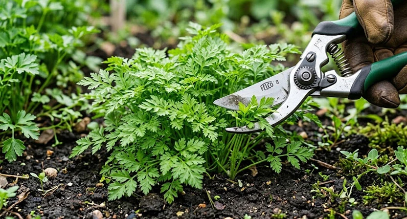 Eine Gartenschere schneidet frische Kerbeltriebe knapp über dem Boden aus einer dichten, noch nicht blühenden Blattrosette
