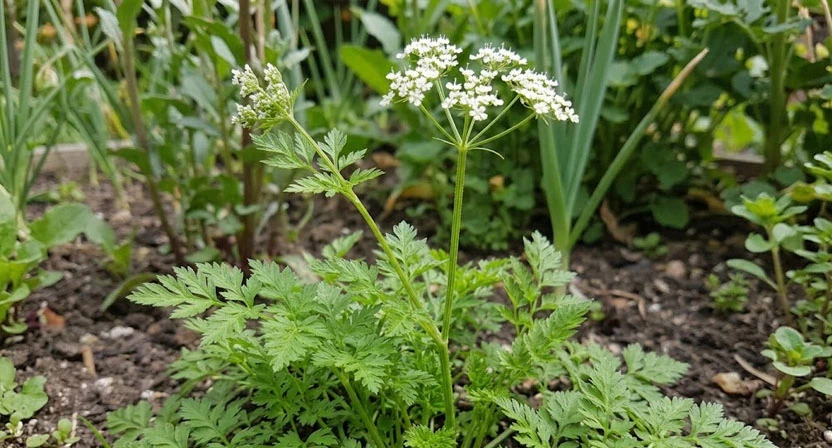 Ein Kerbelstängel mit kleinen weißen Doldenblüten ragt über die noch niedrige, fein gefiederte Blattrosette hinaus