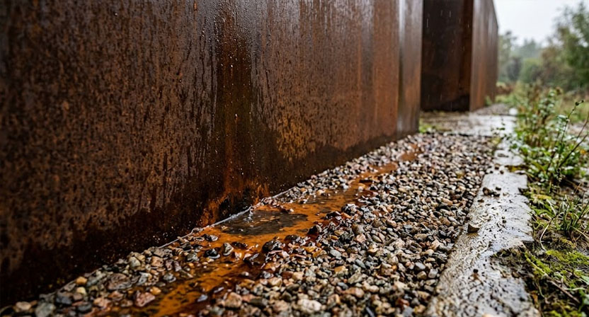 Ein schmaler Kiesstreifen entlang der unteren Kante einer Cortenstahlkonstruktion fängt ablaufendes Rostwasser auf