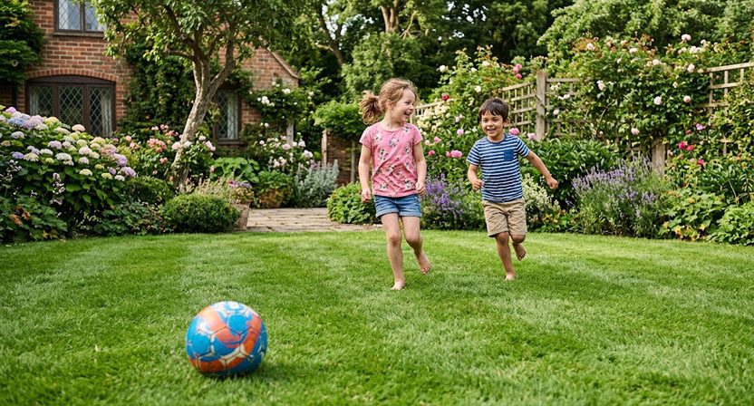 Zwei Kinder spielen auf einer dichten, kurz gemähten Rasenfläche im Garten, im Vordergrund liegt ein Ball auf dem Gras