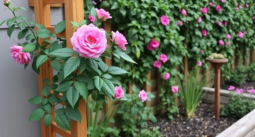 welche-pflanzen-im-hochbeet-als-sichtschutz - Kletterrose im Hochbeet