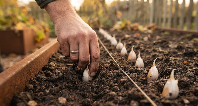 Eine Hand drückt einzelne Knoblauchzehen mit der Spitze nach oben in gerader Reihe in die Erde eines Cortenstahl-Hochbeets, jede Zehe zur Hälfte bedeckt