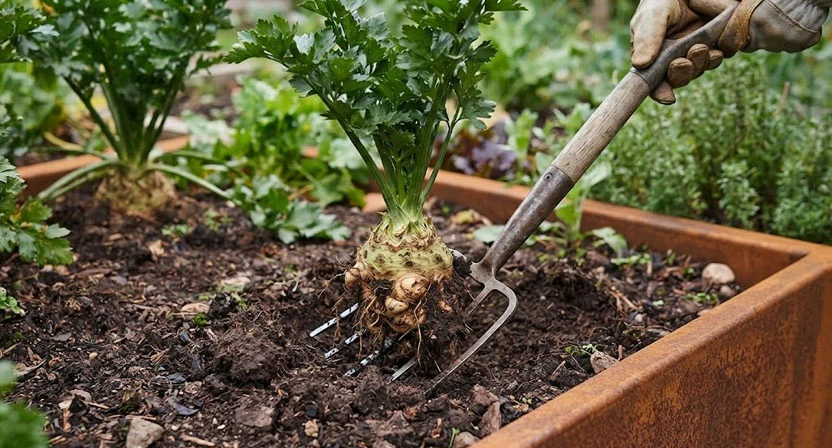 Eine Grabegabel hebt eine reife Knollenselleriepflanze vorsichtig aus der Erde eines Hochbeets