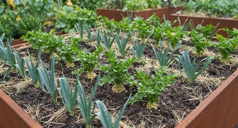 Reihen von Knollensellerie und Lauch stehen abwechselnd in einem Hochbeet, dazwischen lockere Erde mit dünner Mulchschicht