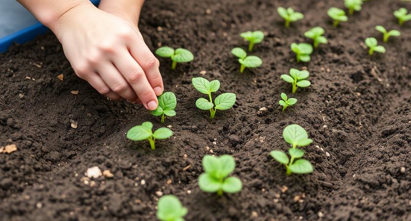 [Hände säen kleine Kohlrabisaatkörner oder pflanzen junge Setzlinge in Reihen in die Erde eines Hochbeets. Der Abstand zwischen den Pflanzen oder Samen wird dabei deutlich gezeigt.]