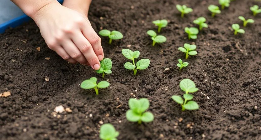 Hände säen kleine Kohlrabisaatkörner oder pflanzen junge Setzlinge in Reihen in die Erde eines Hochbeets. Der Abstand zwischen den Pflanzen oder Samen wird dabei deutlich gezeigt.