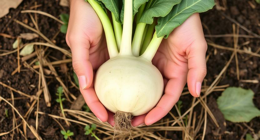[Hände ernten eine Kohlrabiknolle, indem sie diese mit einem Messer knapp über der Bodenoberfläche abschneiden. Dies zeigt, dass die Pflanze erntereif ist.]