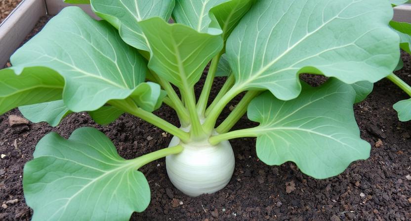 kohlrabi-anpflanzen-im-hochbeet - Kohlrabipflanze mit Knolle