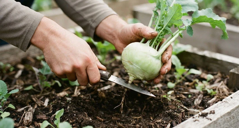 Ein Messer schneidet eine runde, hellgrüne Kohlrabiknolle knapp unter der Knolle von der Wurzel ab, die jungen Herzblätter sind noch angewachsen