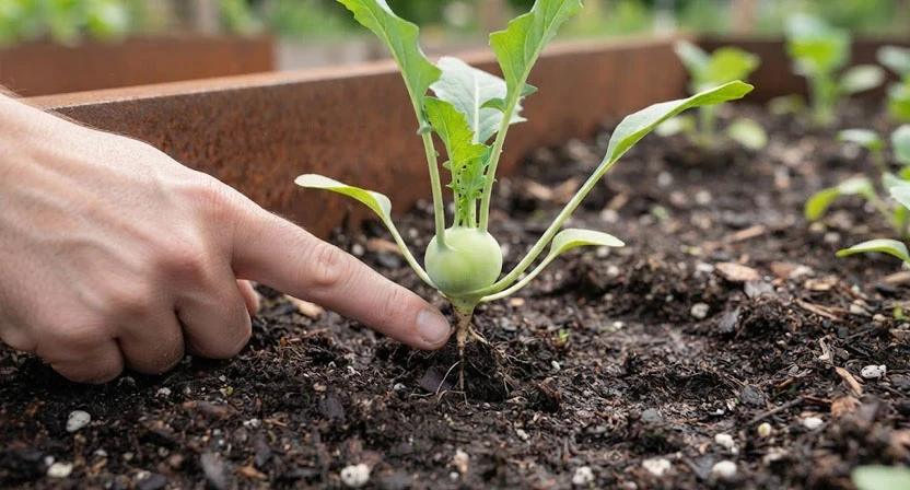 Ein junger Kohlrabisetzling wird so in die Erde eines Cortenstahl-Hochbeets gesetzt, dass der Wurzelhals sichtbar auf der Erdoberfläche sitzt, ein Finger zeigt auf den Übergang von Wurzel zu Stängel