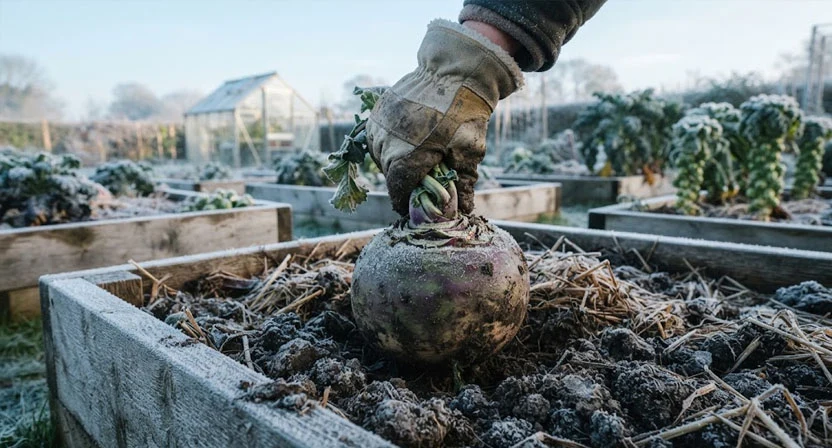 Eine große Kohlrübe wird an einem frostigen Herbstmorgen aus der Erde eines Hochbeets gehoben, die violett-grüne Schulter über der Erde ist mit Raureif gesäumt, Laub kurz abgedreht