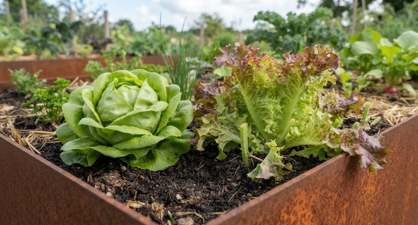 Zwei Salatpflanzen nebeneinander in einem Cortenstahl-Hochbeet: ein fester geschlossener Kopfsalat und ein offener, loser Pflücksalat mit rot-gerandeten krausen Blättern, von dem schon einige äußere Blätter geerntet wurden