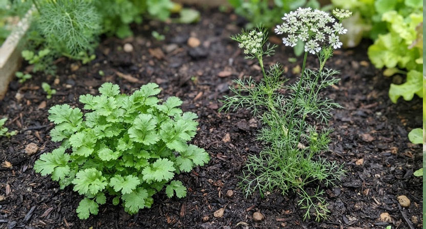 Zwei Korianderpflanzen im Vergleich im Hochbeet: links niedrig und blättrig mit breiten runden Blättern, rechts bereits geschossen, hochgewachsen mit feinen Blättern und einer weißen Dolde