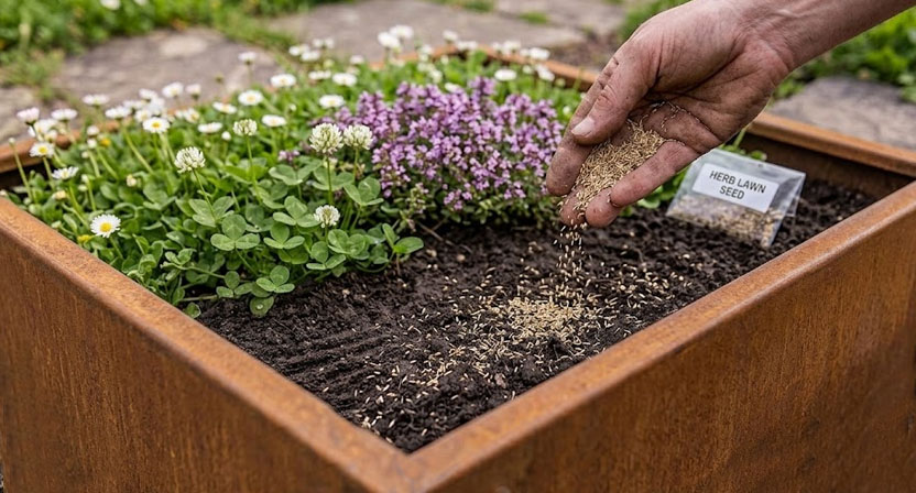 Eine Hand streut feines Kräuterrasen-Saatgut über frisch geebnete, leicht angefeuchtete Erde