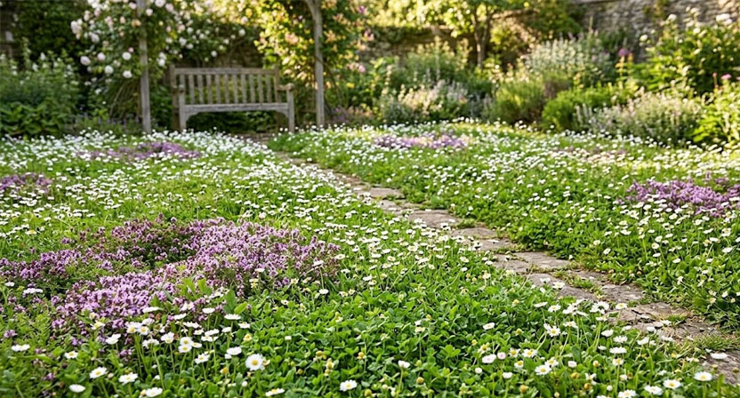 Eine dicht bewachsene Rasenfläche aus niedrigen Kräutern mit weißen Gänseblümchen und vereinzelten Thymianpolstern in einem sonnigen Garten