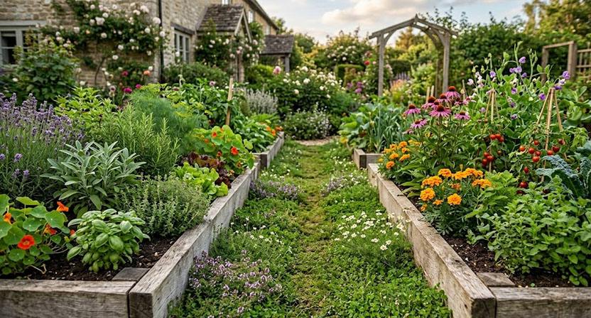Ein schmaler, begrünter Weg aus niedrigem Kräuterrasen führt zwischen zwei bepflanzten Gartenbeeten hindurch
