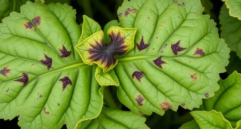 Nahaufnahme von kranken Gemüseblättern, die Anzeichen einer Pilzinfektion oder Schädlinge zeigen. Pflanzenerkrankungen, ungesunder Garten, Gartenprobleme.