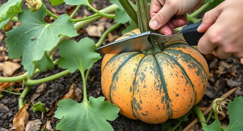  Ein reifer Kürbis oder Winterkürbis wird im Garten von der Ranke abgeschnitten und ist bereit zur Ernte. Dies zeigt die letzte Phase des Anbauprozesses.