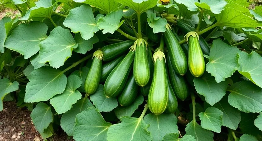 Eine ausladende Zucchinipflanze mit großen Blättern und mehreren wachsenden Zucchinis, die eine erhebliche Fläche einnimmt. Üppig wachsende Gemüse, Garten, Fülle.