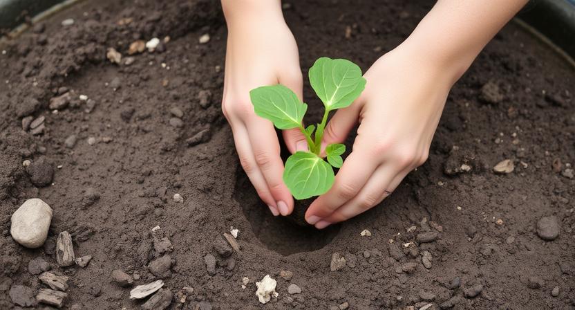  Hände pflanzen vorsichtig einen jungen Kürbis- oder Zucchinisetzling in ein vorbereitetes Loch im Boden eines Gartenbeets. Dies zeigt den Pflanzvorgang.