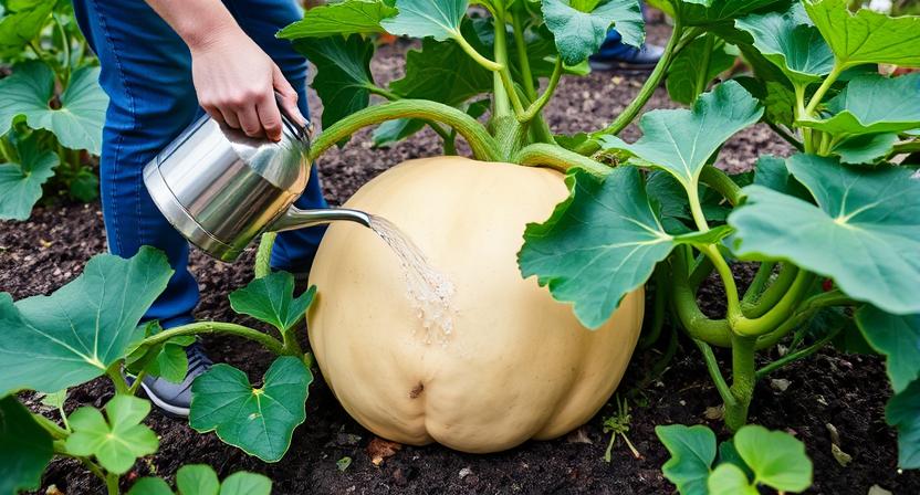  Eine Person gießt eine große Kürbispflanze in einem Gartenbeet oder pflegt deren Blätter und Ranken. Dies veranschaulicht die fortlaufende Pflege.