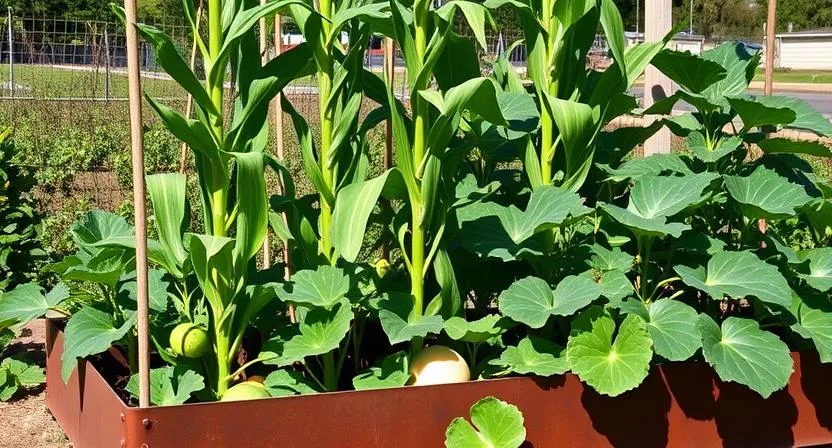 Ein Hochbeet mit der „Three Sisters“-Anbaumethode: Hohe Maisstängel dienen als Stütze für kletternde Bohnenranken, während große Kürbisblätter den Boden bedecken. Traditioneller und nachhaltiger Gartenbau, sonniger Tag.