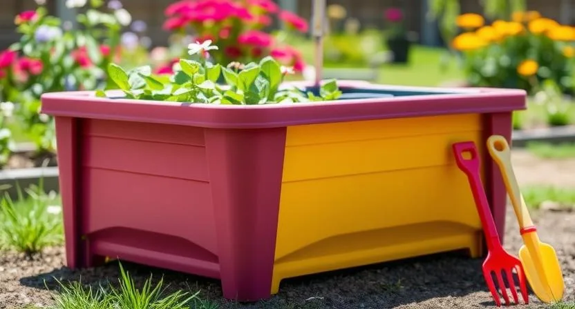 Ein farbenfrohes Hochbeet aus Kunststoff in einer lebendigen Gartenumgebung, möglicherweise mit Kinder-Gartengeräten in der Nähe. Fröhlich und praktisch, Tageslicht, mittlere Aufnahme.
