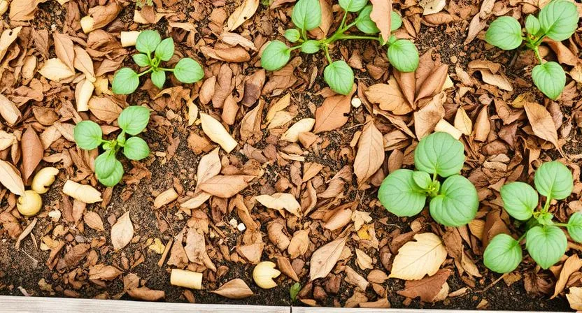 Fallende Blätter und anderes Pflanzenmaterial werden als Mulchschicht um Gemüsepflanzen in einem Hochbeet verteilt. Herbstgartenarbeit, natürlicher Mulch.