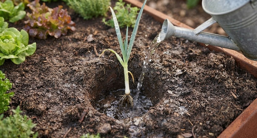 Ein junger Lauchsetzling steckt in einem tiefen, ungefüllten Pflanzloch in der Erde eines Cortenstahl-Hochbeets, Wasser aus einer Gießkanne ohne Brause schlämmt Erde um die Wurzeln ein