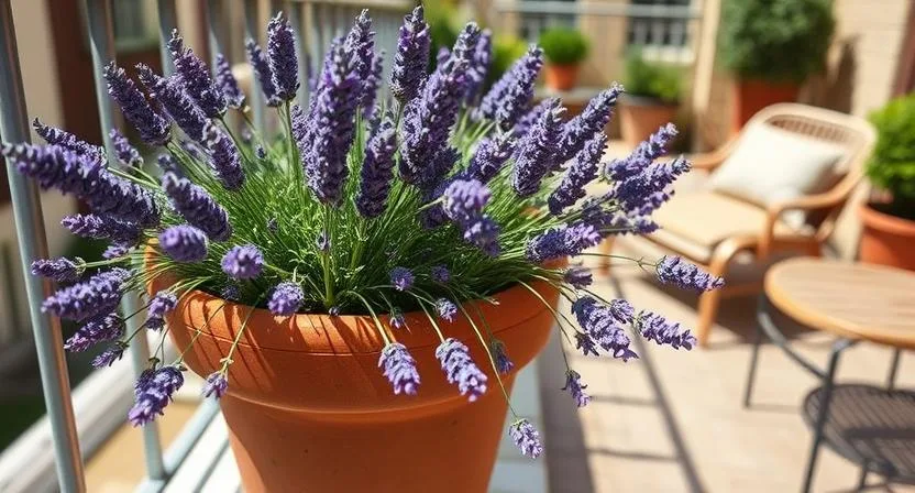 Charmante, auf Augenhöhe aufgenommene Fotografie eines Terrakottatopfs, der von blühendem Lavendel überquillt, auf einem sonnigen Balkon platziert. Im Hintergrund befindet sich eine gemütliche Sitzecke, die eine ruhige, urbane Gartenoase vermittelt.