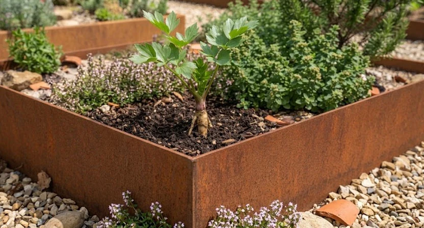 Eine kräftige Liebstöckel-Jungpflanze mit dicker Pfahlwurzel wird in nährstoffreiche, tiefgründige Hochbeeterde eingesetzt