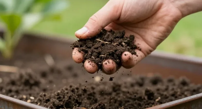 Eine Hand zerkrümelt lockere, dunkle Hochbeeterde zwischen den Fingern, ohne Steine oder grobe Klumpen sichtbar