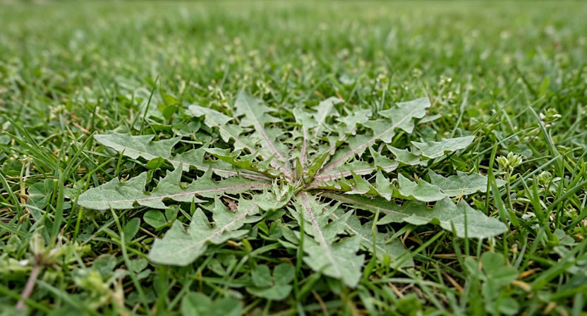 Löwenzahnrosette mit tief gezähnten Blättern flach über dem Rasenboden, im Hintergrund unscharf weitere Grashalme