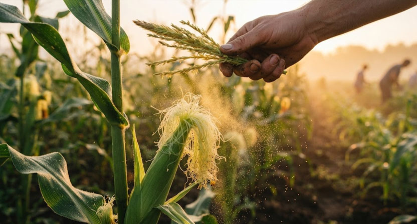 Eine Hand hält eine abgeschnittene Maisfahne über den Narbenfäden eines jungen Maiskolbens und klopft Pollen darauf, feiner Pollenstaub ist im Morgenlicht sichtbar