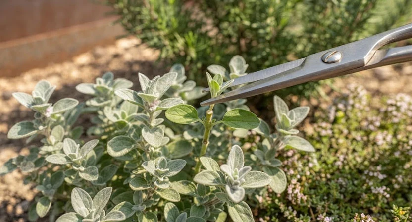 Eine Gartenschere kürzt eine Majorantriebspitze knapp über einem gesunden Blattpaar zurück