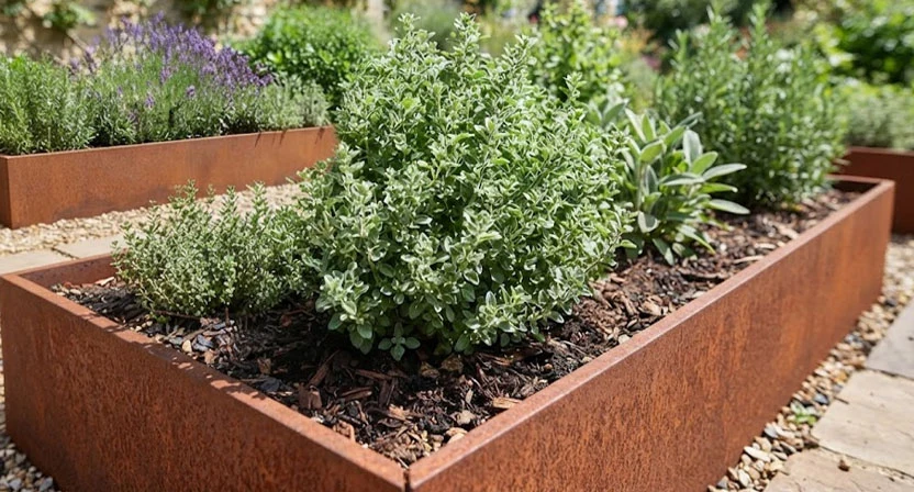 Eine kompakte Majoranpflanze mit kleinen graugrünen Blättern wächst buschig in einem sonnigen Bereich eines Cortenstahl-Hochbeets