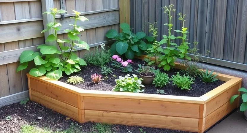 Bild eines maßgefertigten Hochbeets, das in eine bestimmte Ecke oder einen ungewöhnlichen Bereich in einem Garten passt, mit Pflanzen, die auf den Standort zugeschnitten sind. Kreative Gartenlösung, natürliches Licht, Halbtotale.