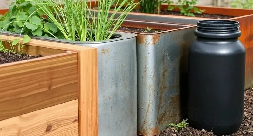 Nahaufnahme, die die verschiedenen Materialien für Hochbeete zeigt: behandeltes Holz, verzinktes Metall und langlebiger Kunststoff. Fokus auf die Materialtexturen und die hochwertige Verarbeitung.