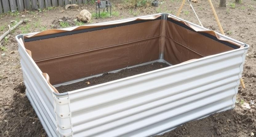 Ein Hochbeet aus Metall ist teilweise an den Innenwänden mit einem schützenden und isolierenden Material ausgekleidet. Es zeigt die laufende Installation der Auskleidung.