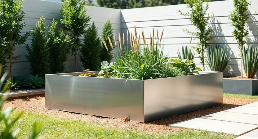 Ein elegantes, modernes Hochbeet aus verzinktem Stahl in einem zeitgenössischen Gartendesign. Minimalistische Ästhetik, helles Sonnenlicht, mittlere Aufnahme.